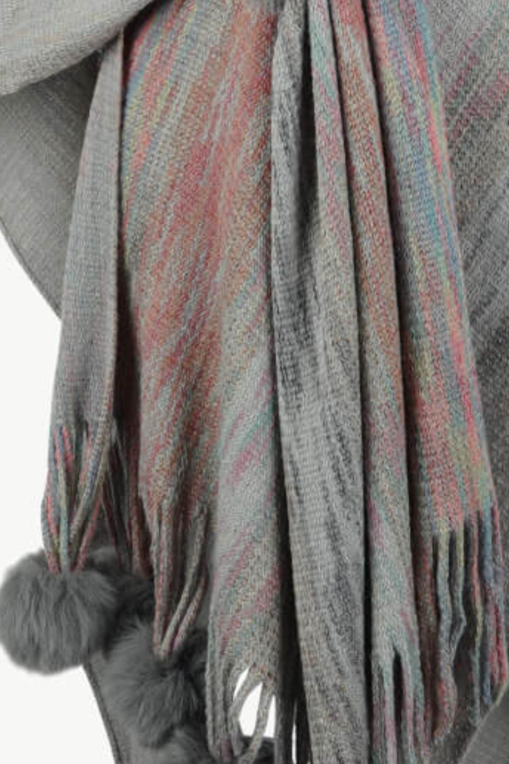 Multicolored Fringe Hem Pompom Trim Poncho