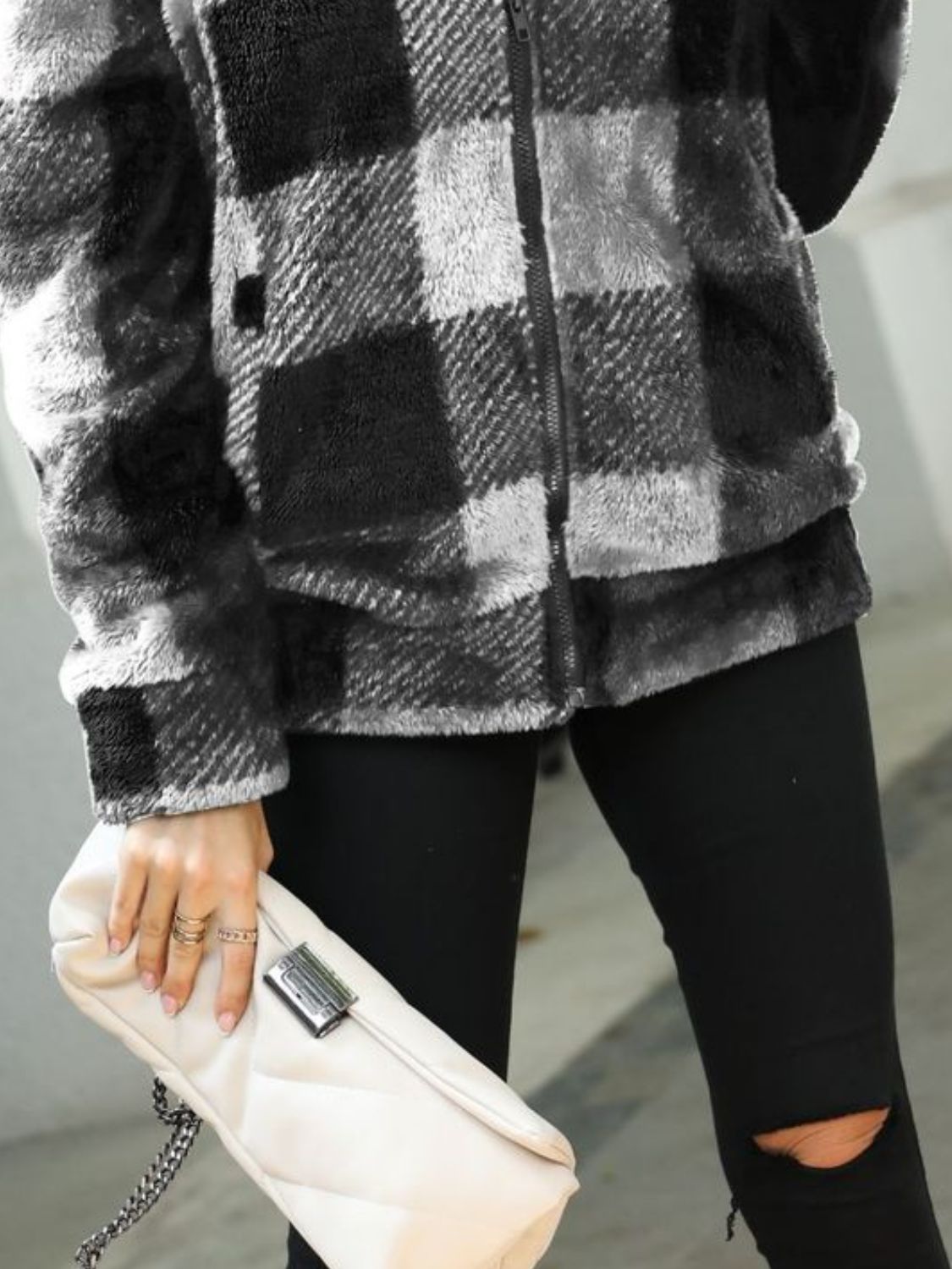 Plaid Zip Up Collared Plush Jacket