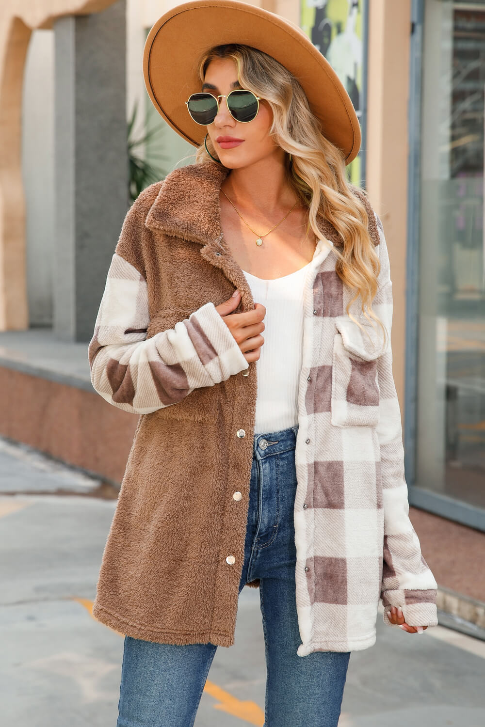 Plaid Contrast Snap Down Teddy Jacket