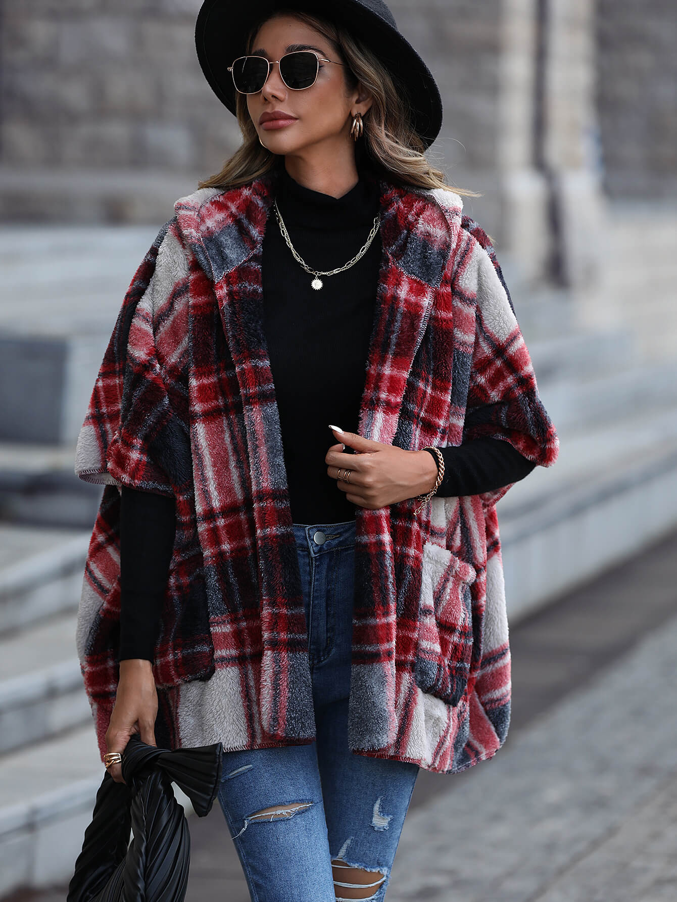 Plaid Half Sleeve Open Front Hooded Fleece Jacket