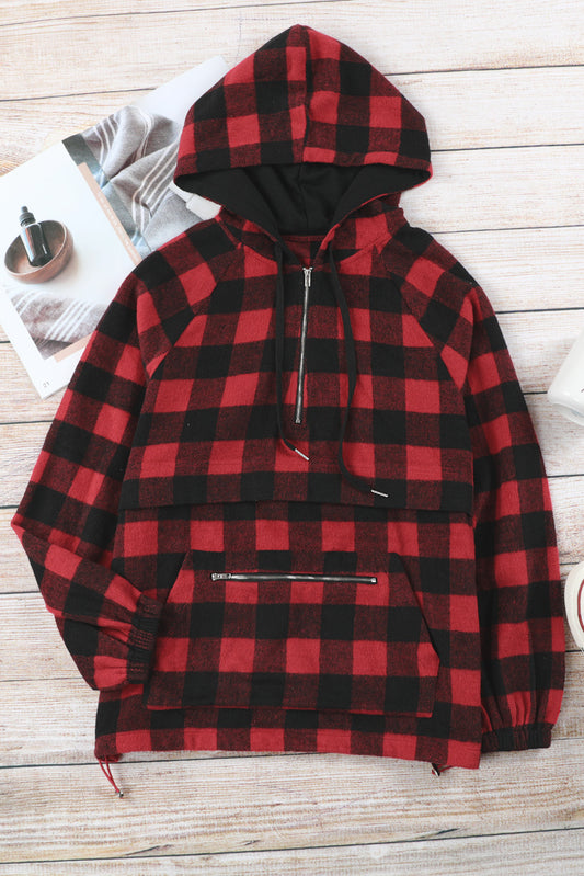 Plaid Half Zipper Drawstring Detail Hoodie