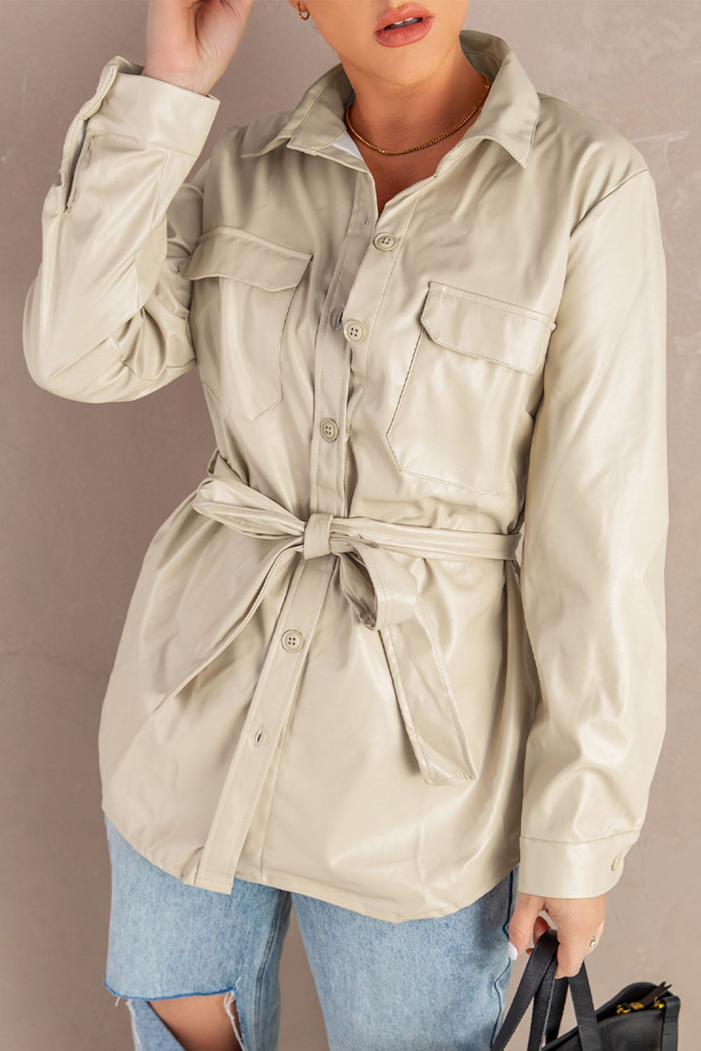 PU Leather Tie Waist Jacket with Pockets