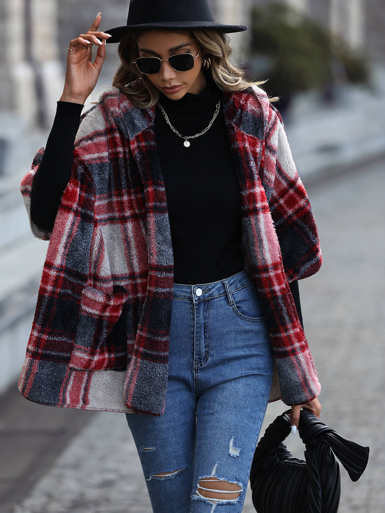 Plaid Half Sleeve Open Front Hooded Fleece Jacket