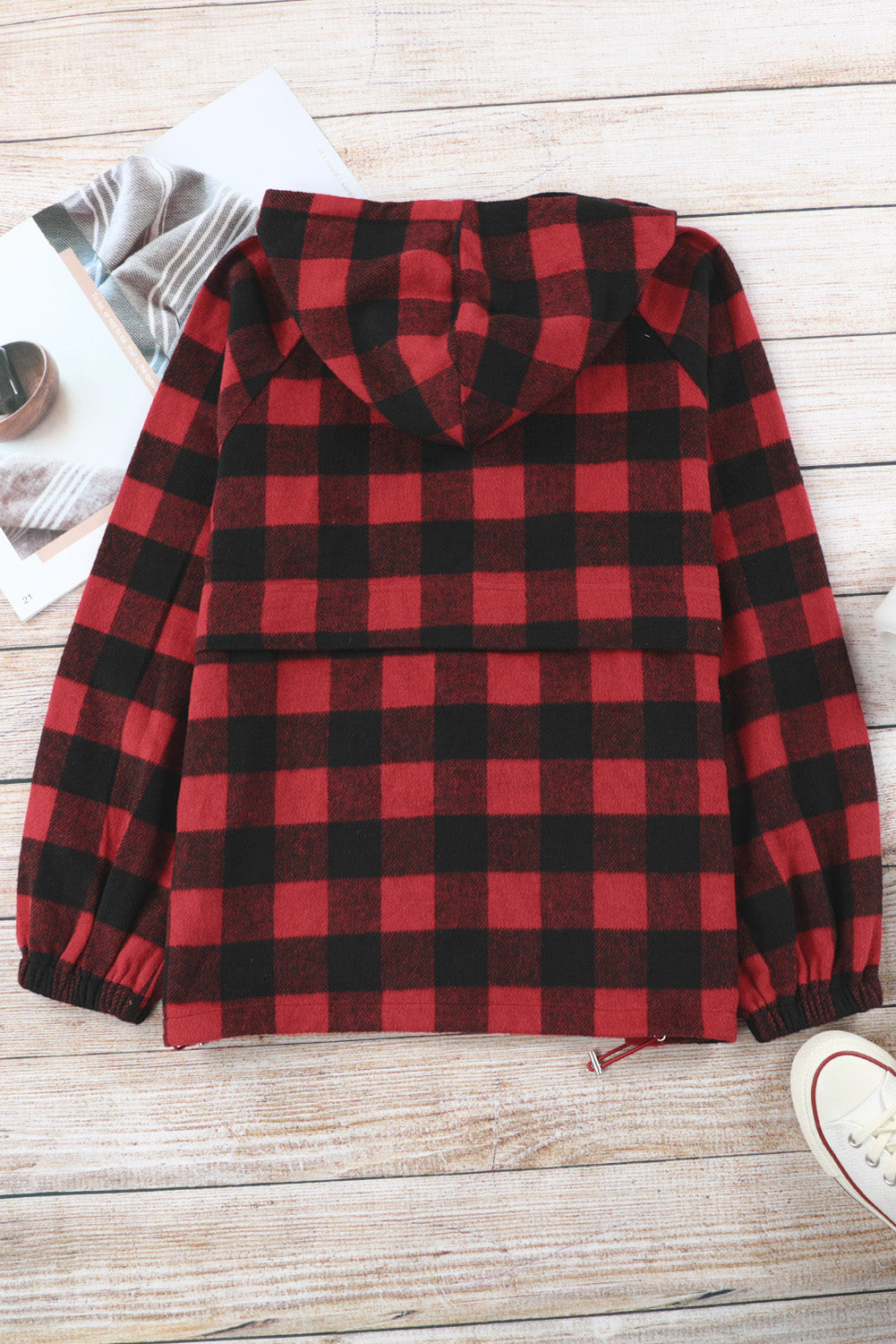 Plaid Half Zipper Drawstring Detail Hoodie