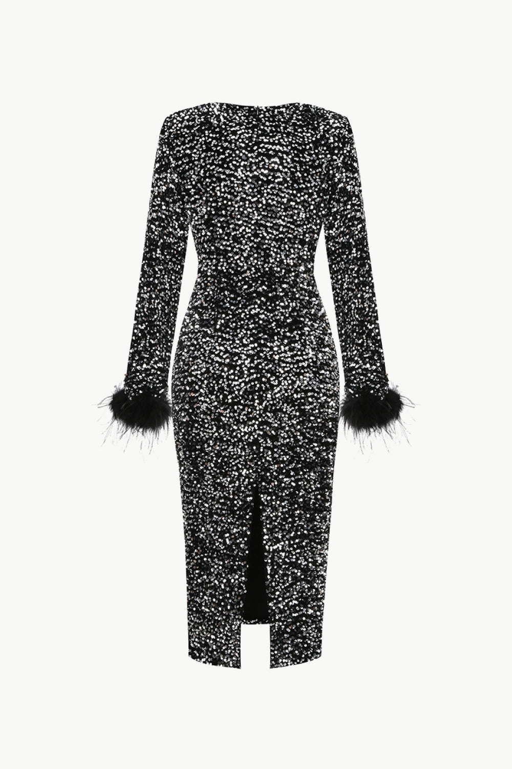Sequin Round Neck Feather Trim Slit Dress