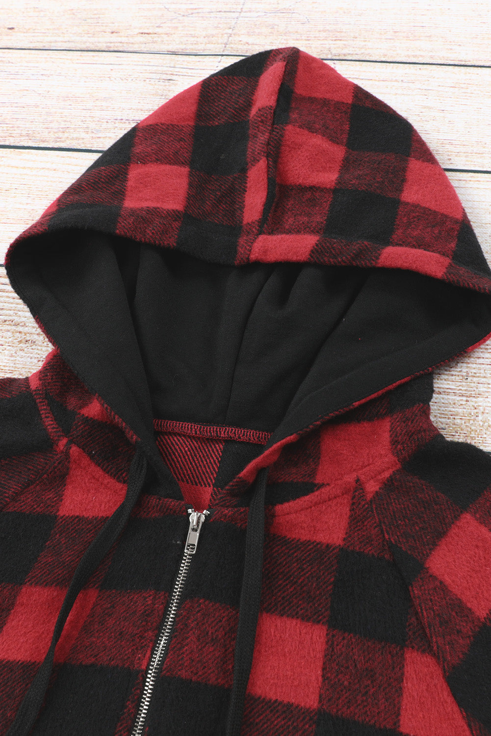 Plaid Half Zipper Drawstring Detail Hoodie