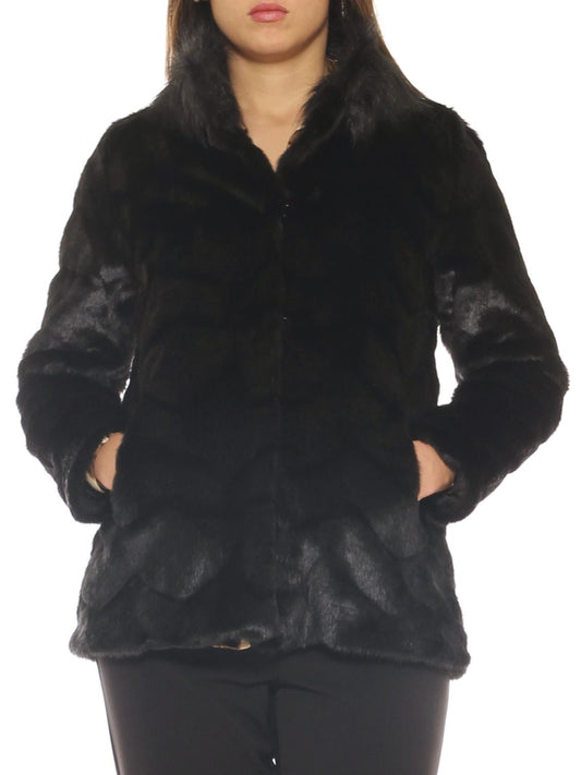 Pelliccia ecologica donna corta elegante effetto rigato taglia morbida