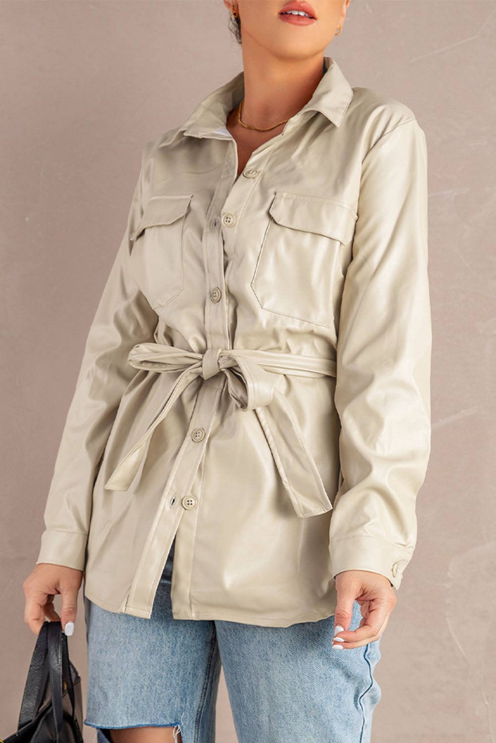 PU Leather Tie Waist Jacket with Pockets
