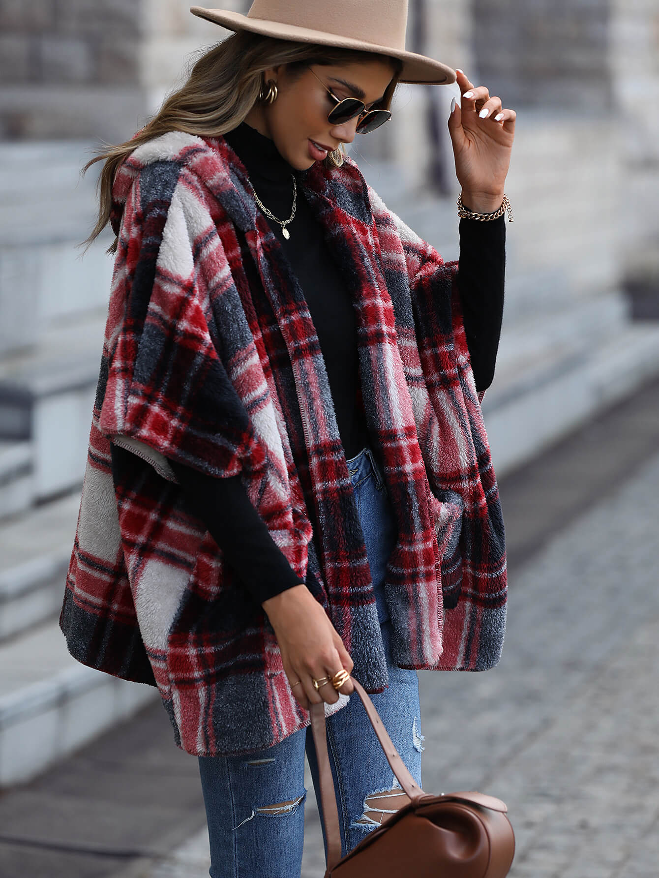 Plaid Half Sleeve Open Front Hooded Fleece Jacket