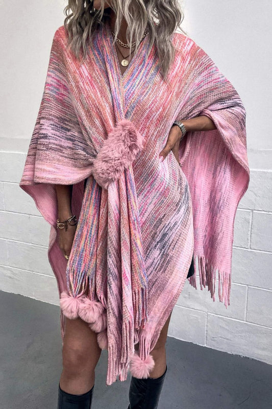 Multicolored Fringe Hem Pompom Trim Poncho