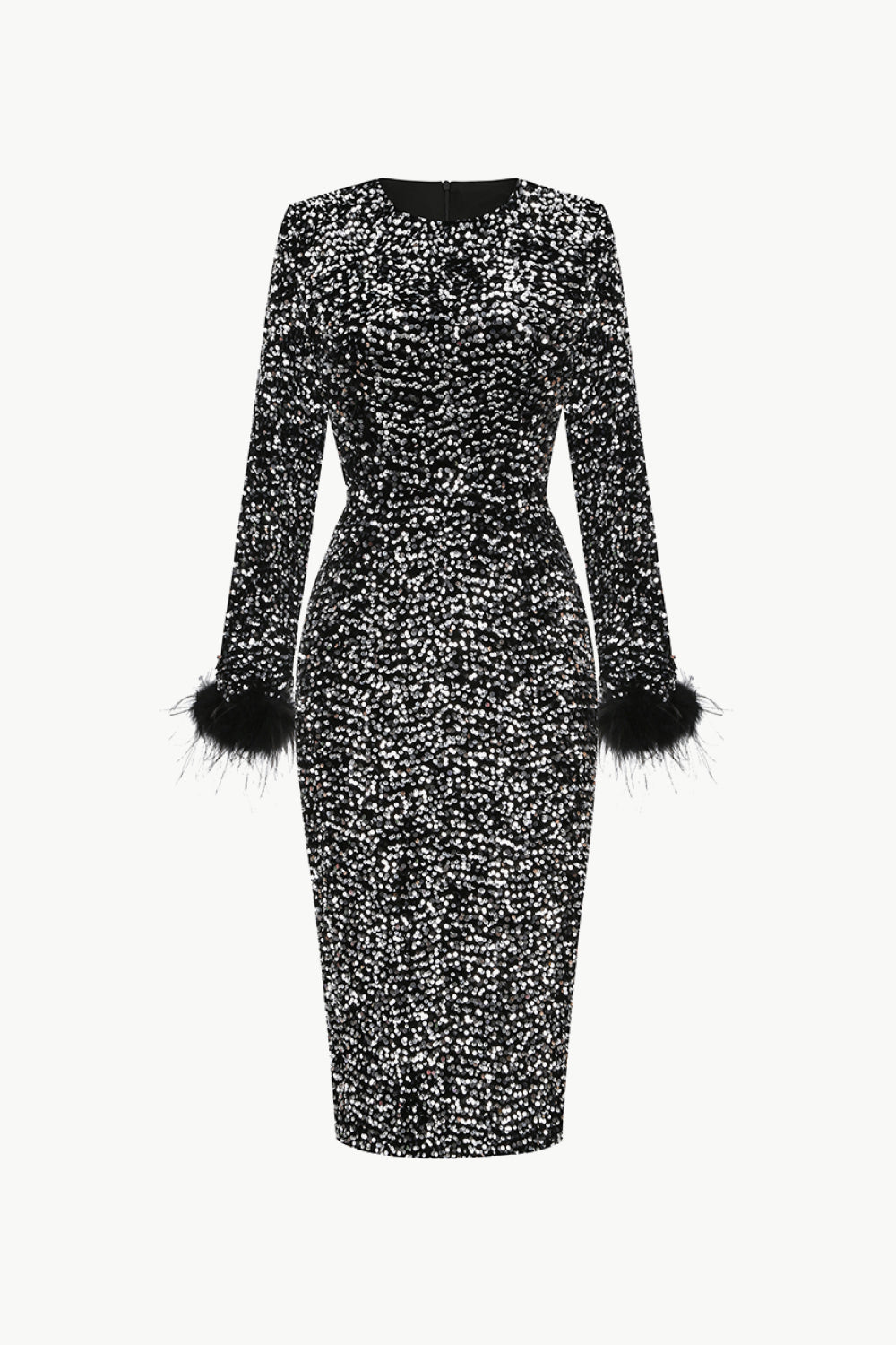 Sequin Round Neck Feather Trim Slit Dress