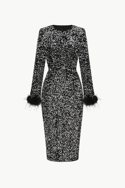 Sequin Round Neck Feather Trim Slit Dress